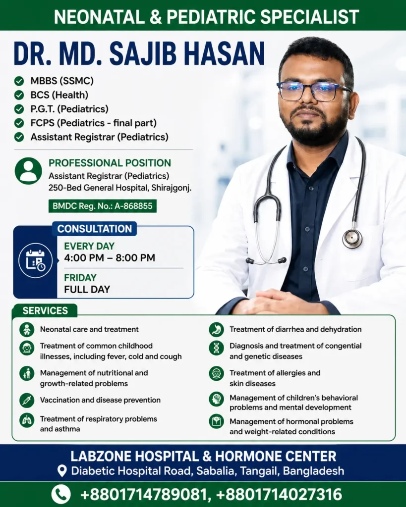 Dr. Md. Sajib Hasan, Neonatal and Pediatric Specialist at LabZone Hospital, Tangail
