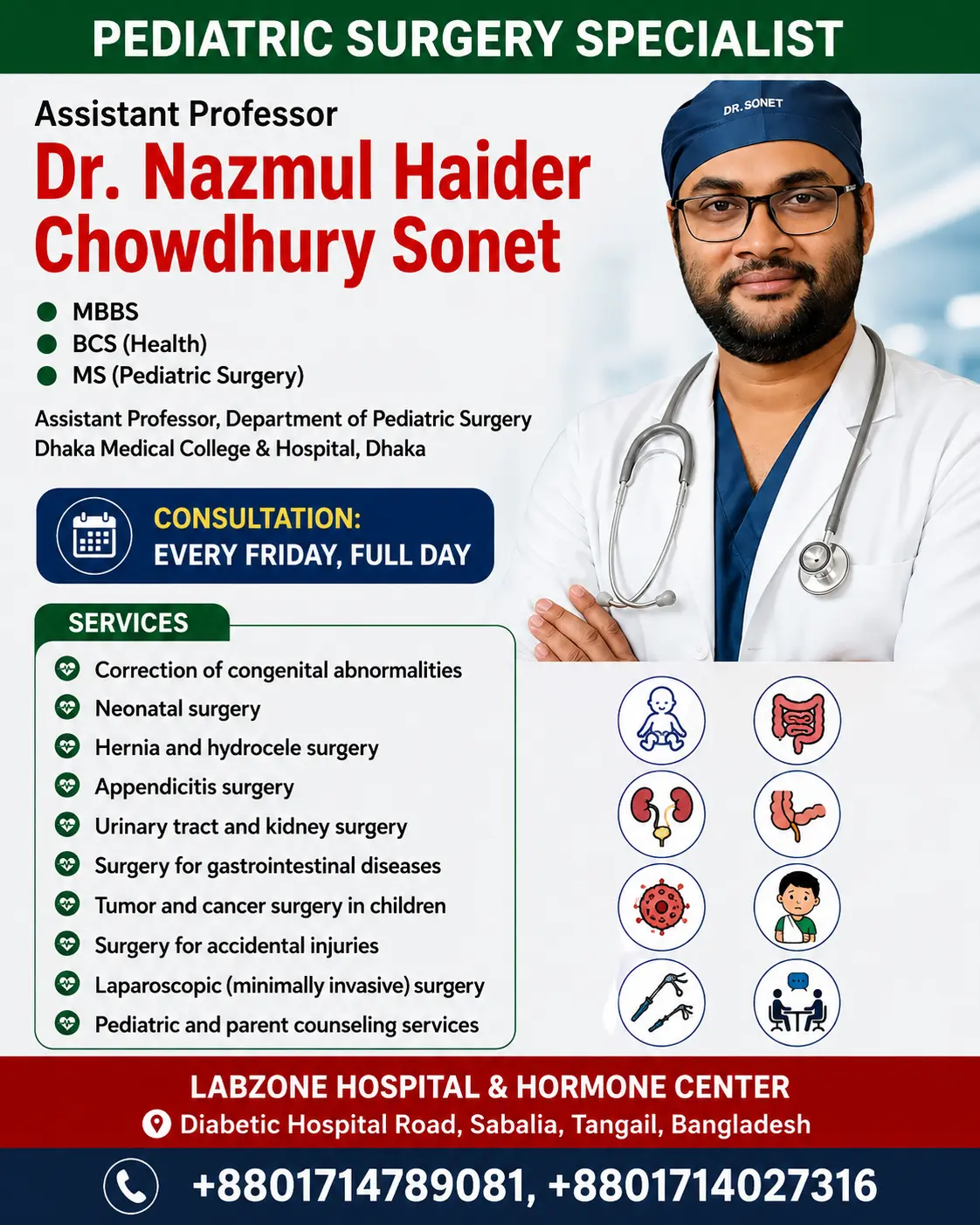Dr. Nazmul Haider Chowdhury Sonet, Pediatric Surgery Specialist at LabZone Hospital, Tangail